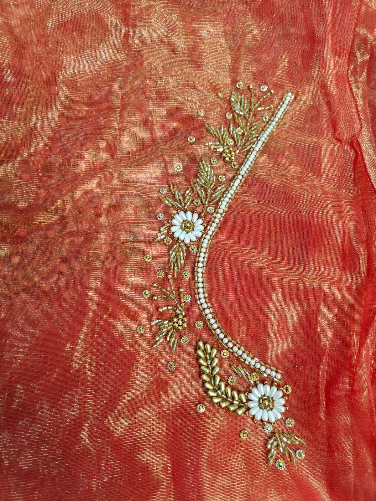 Orange Soft net Heavy work Blouse Fabric