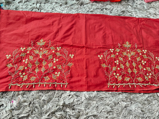 Brick red Raw Silk Heavy Work Blouse Fabric
