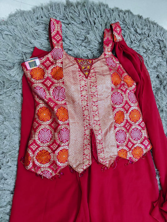 Party Wear 3-Piece Dress β Short Top Style | Dark Pink & Gold