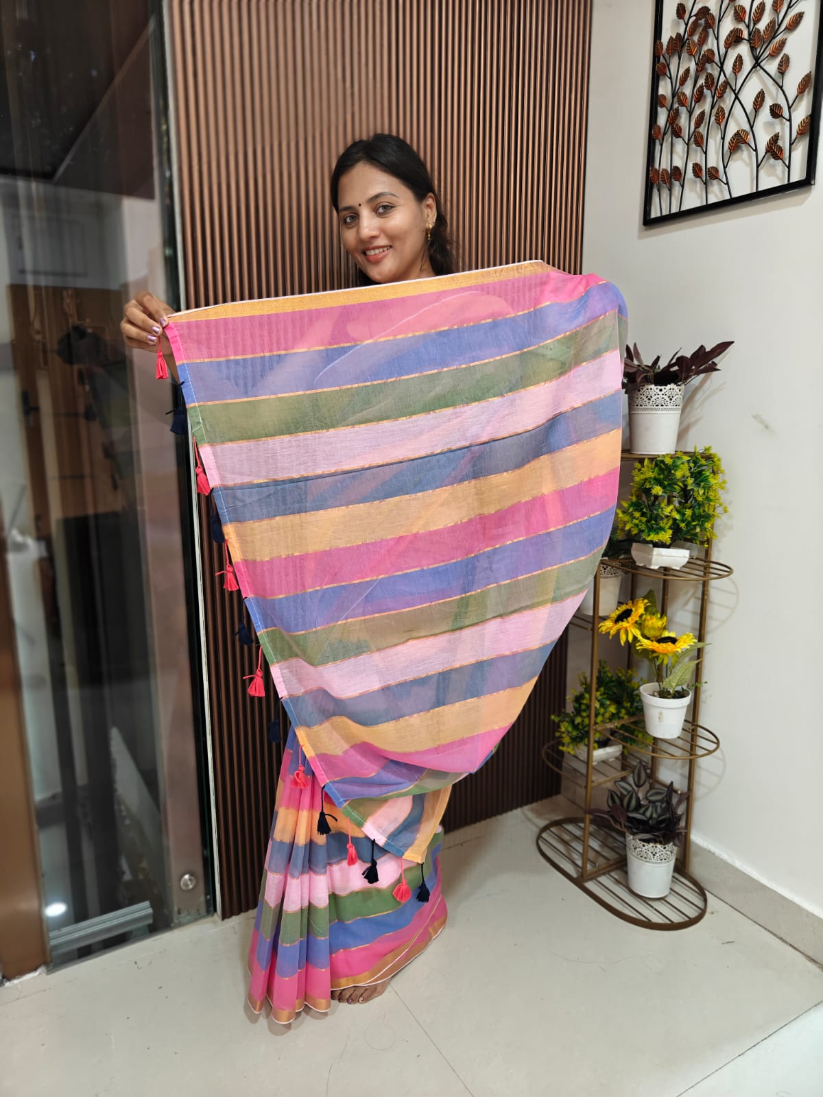 ๐ฟ Multicolor Horizontal Patti Mul Cotton Saree โ With Blouse & Tassels