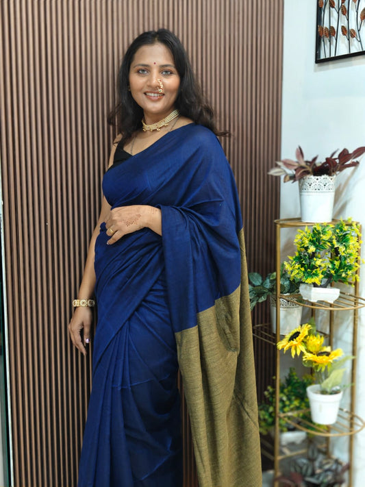 Anchal-Body Khadi Cotton Saree with Contrast Blouse & Tassels