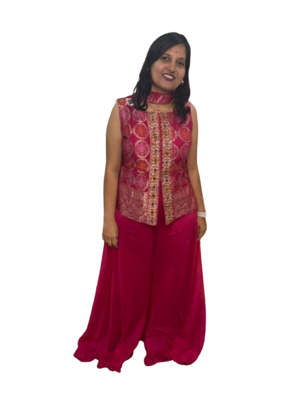 Bandhani Party Wear 3-Piece Dress โ Short Top Style | Dark Pink & Gold