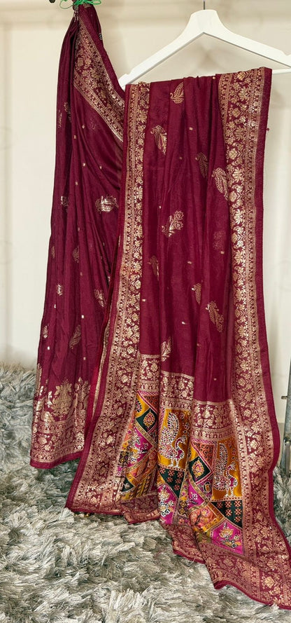 Dola Silk Saree with Meenakari Anchal and All‑Over Buttis  🧼