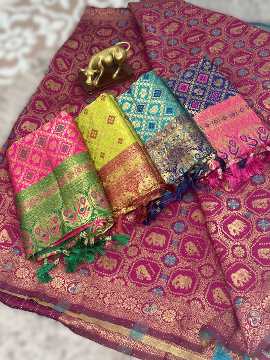 Jacquard Silk Saree with Heavy Weaving & Contrast Blouse