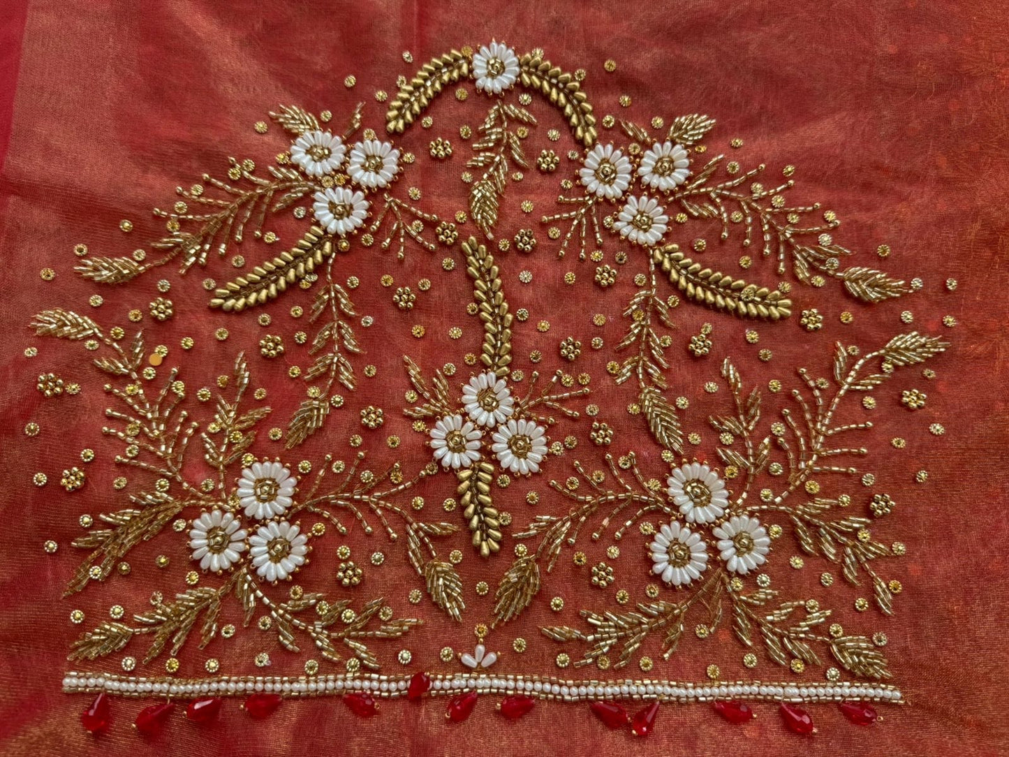 Orange Soft net Heavy work Blouse Fabric