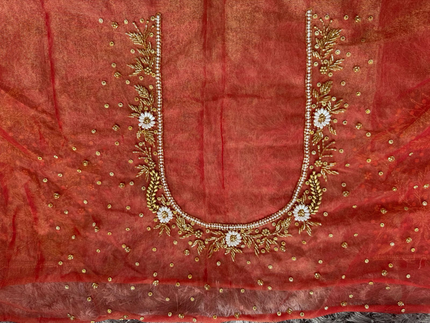 Orange Soft net Heavy work Blouse Fabric