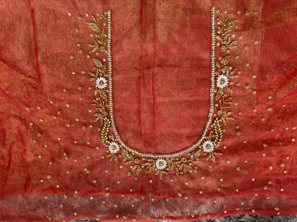 Orange Soft net Heavy work Blouse Fabric