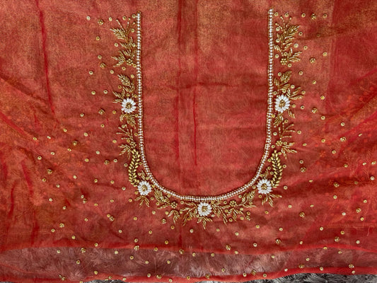 Orange Soft net Heavy work Blouse Fabric