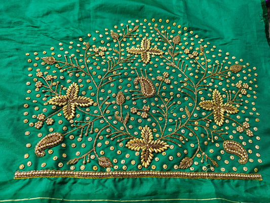 Green Raw Silk Heavy Work Blouse Fabric