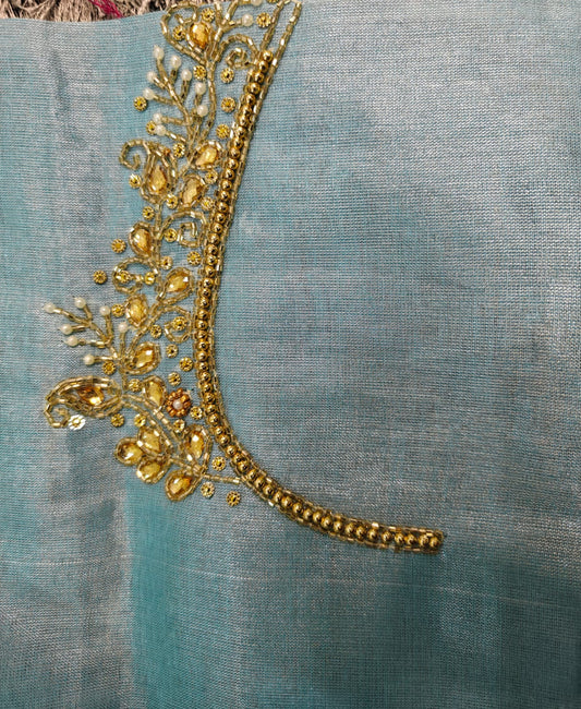 Blue Raw Silk Heavy Work Blouse Fabric