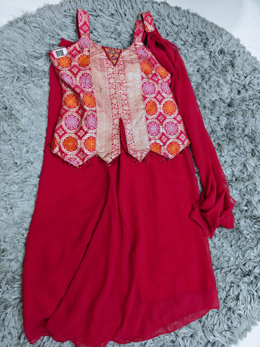 Party Wear 3-Piece Dress — Short Top Style | Dark Pink & Gold