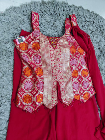 Party Wear 3-Piece Dress — Short Top Style | Dark Pink & Gold