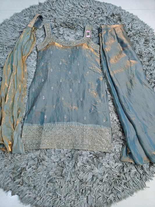 Fendy Georgette Party Wear 3-Piece Dress — Golden Embroidery | Elephant Palazzo | Pastel Shades