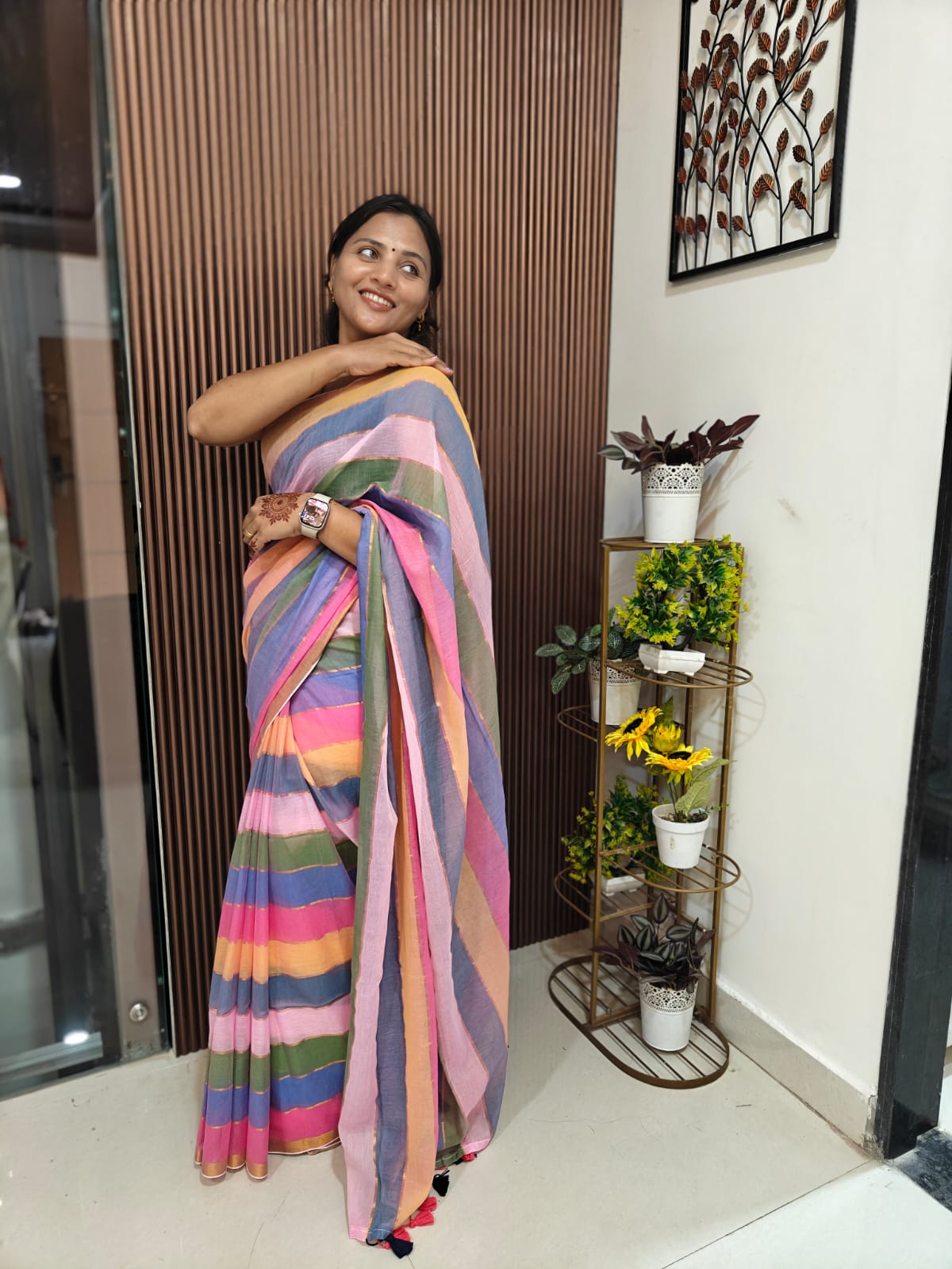 🌿 Multicolor Horizontal Patti Mul Cotton Saree — With Blouse & Tassels