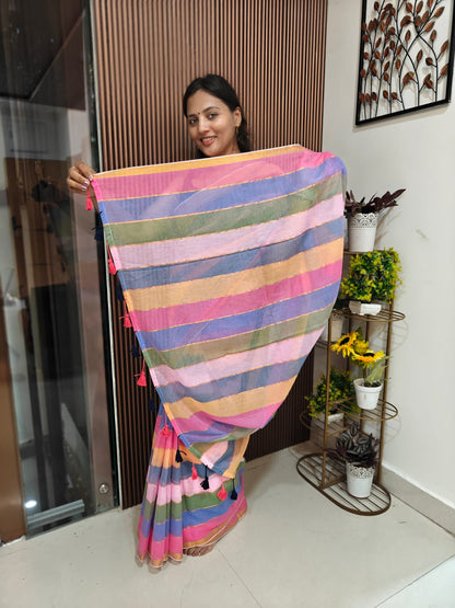🌿 Multicolor Horizontal Patti Mul Cotton Saree — With Blouse & Tassels