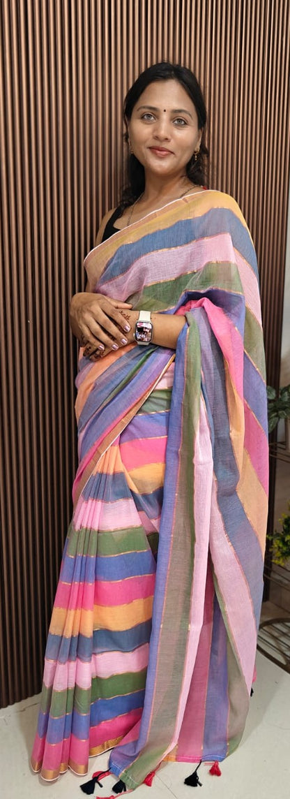🌿 Multicolor Horizontal Patti Mul Cotton Saree — With Blouse & Tassels