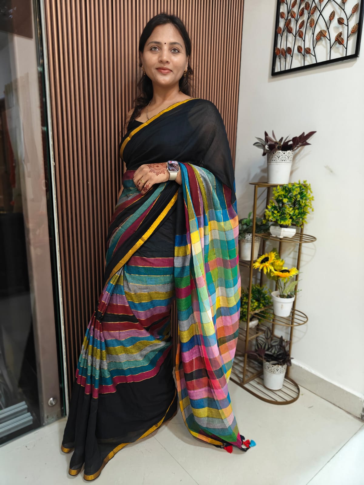 Checked Mul Cotton Saree — Multicolor Pallu