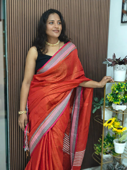 Khadi Tissue Saree with Traditional Chatai Border & Running Blouse ✨