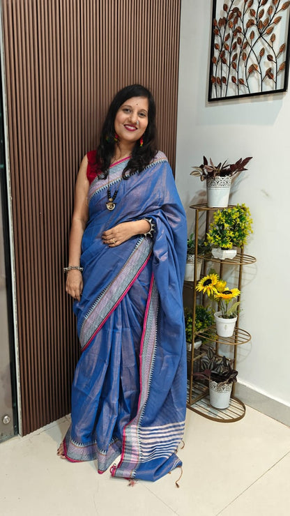 Khadi Tissue Saree with Traditional Chatai Border & Running Blouse ✨