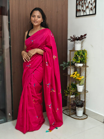 Khadi Cotton Saree with Embroidered Kingfisher