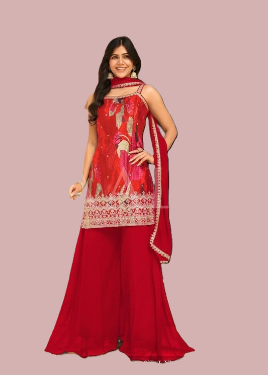 Red Floral Crepe Silk Dress
