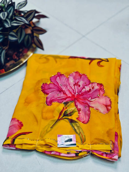 Flowy Pure Chiffon Saree with Digital Print & Cutdana Work 💖