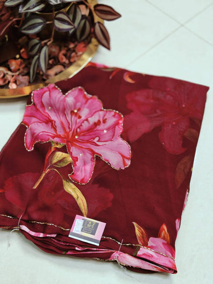 Flowy Pure Chiffon Saree with Digital Print & Cutdana Work 💖
