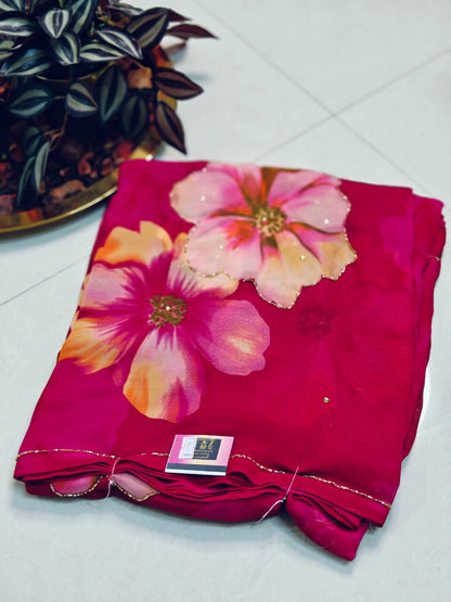 Flowy Pure Chiffon Saree with Digital Print & Cutdana Work 💖