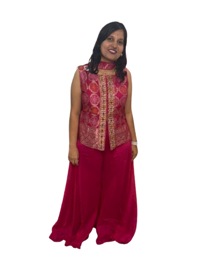 Bandhani Party Wear 3-Piece Dress — Short Top Style | Dark Pink & Gold