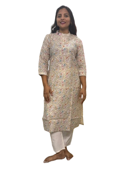 White Vatican Silk 2-Piece Casual Wear Dress — Collar Neck & Printed Design