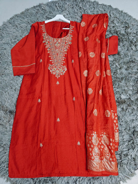 Vatican Silk 3-Piece Dress Set — Elegant Embroidered York with Comfortable Pocket Pants