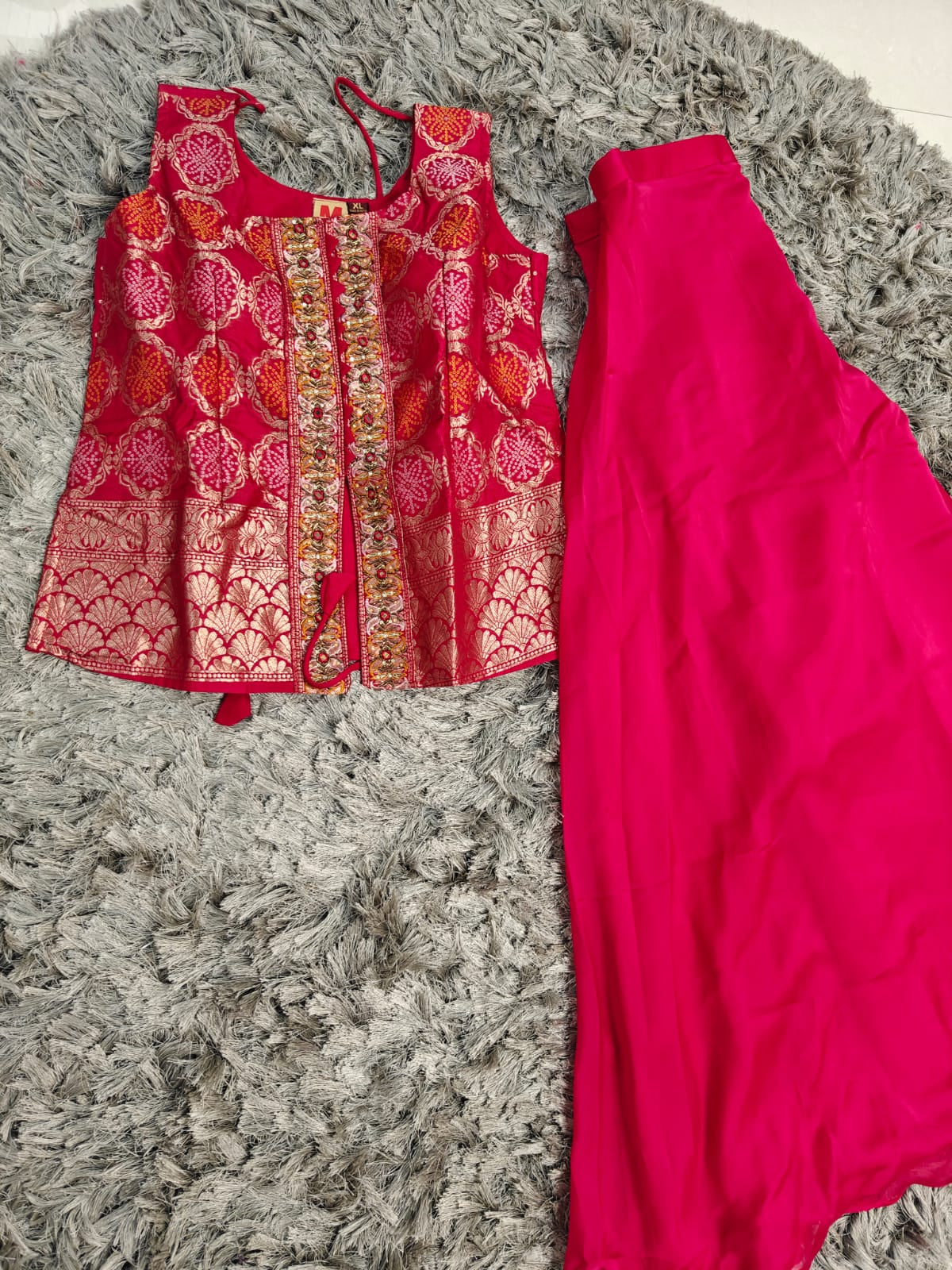 Bandhani Party Wear 3-Piece Dress — Short Top Style | Dark Pink & Gold