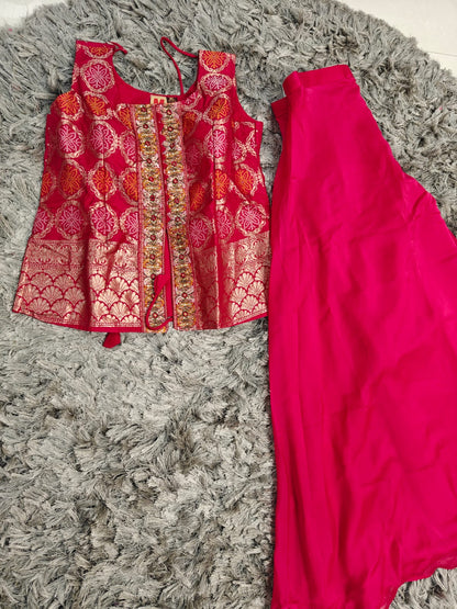Bandhani Party Wear 3-Piece Dress — Short Top Style | Dark Pink & Gold