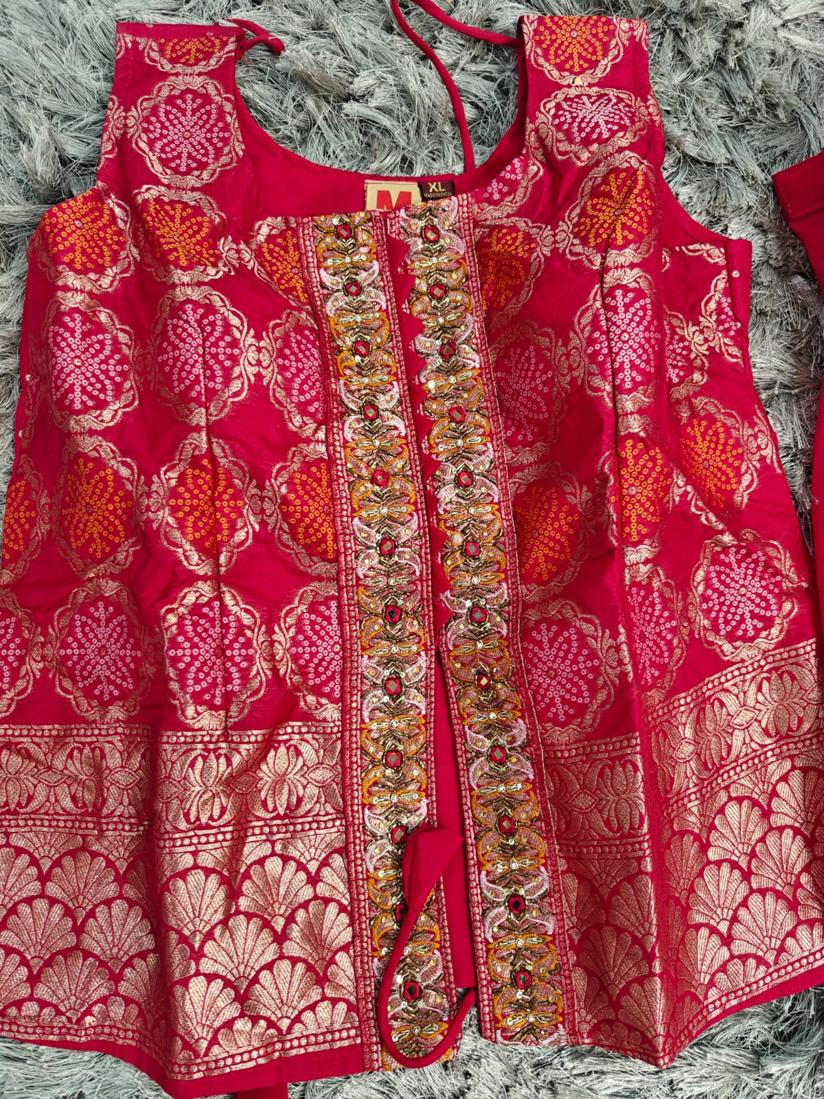 Bandhani Party Wear 3-Piece Dress — Short Top Style | Dark Pink & Gold