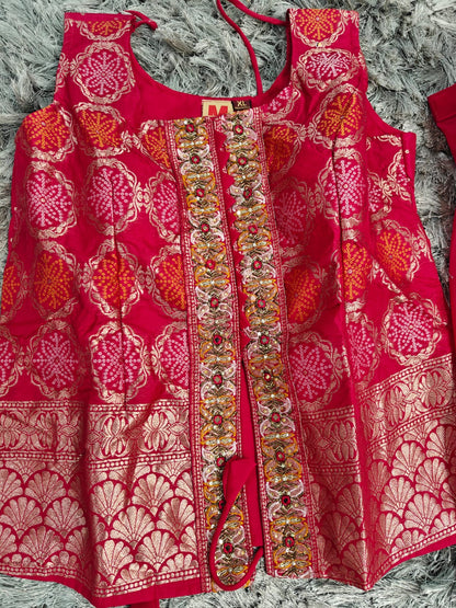 Bandhani Party Wear 3-Piece Dress — Short Top Style | Dark Pink & Gold