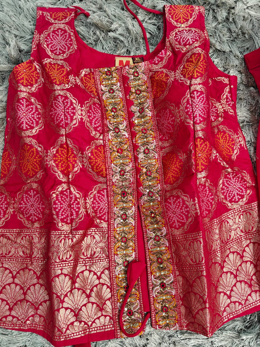 Bandhani Party Wear 3-Piece Dress — Short Top Style | Dark Pink & Gold