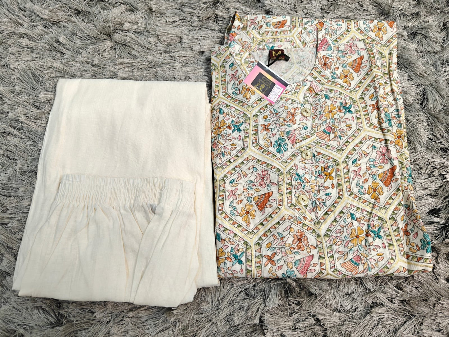 White Vatican Silk 2-Piece Casual Wear Dress — Collar Neck & Printed Design