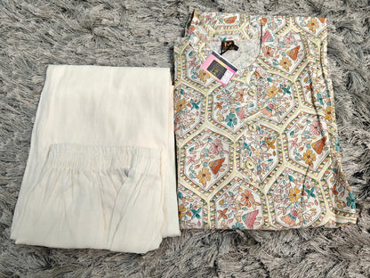 White Vatican Silk 2-Piece Casual Wear Dress — Collar Neck & Printed Design