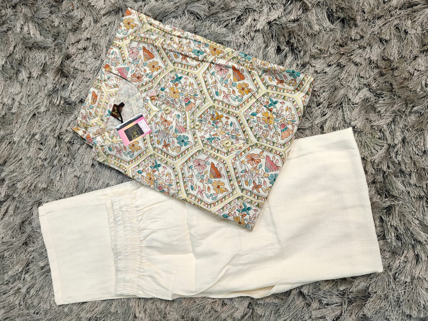 White Vatican Silk 2-Piece Casual Wear Dress — Collar Neck & Printed Design