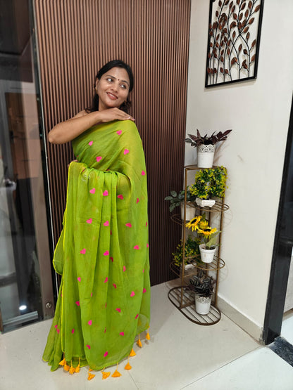🌿 Love Buti Embroidered Mul Cotton Saree — With Blouse