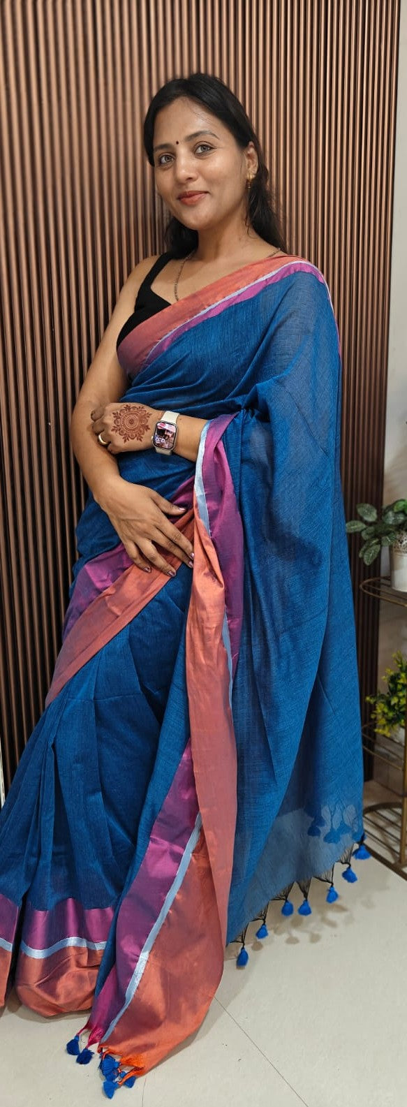 Mul Cotton Saree — Tissue Multicolor Border