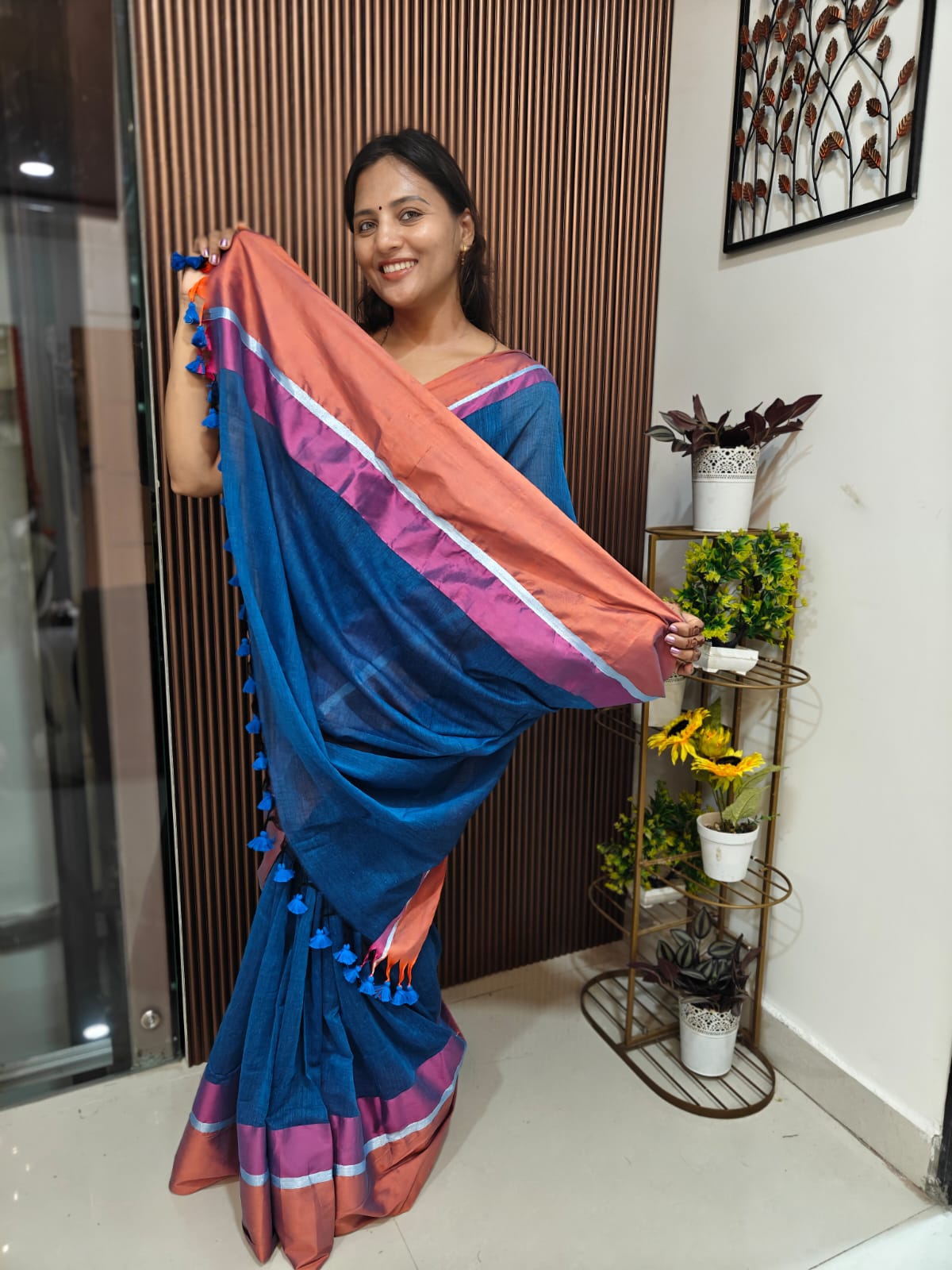 Mul Cotton Saree — Tissue Multicolor Border