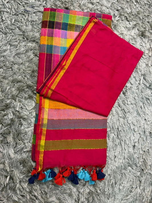 Checked Mul Cotton Saree — Multicolor Pallu