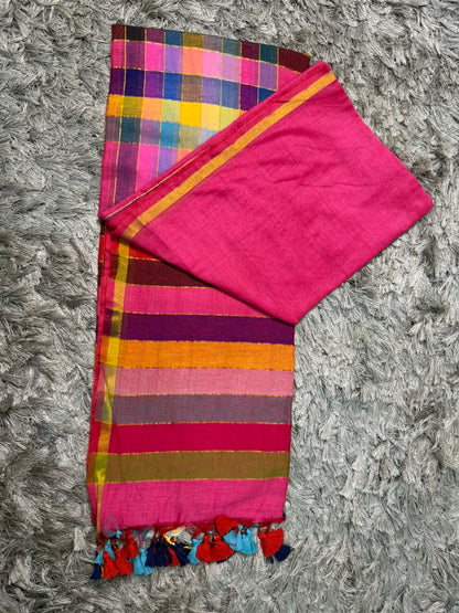 Checked Mul Cotton Saree — Multicolor Pallu