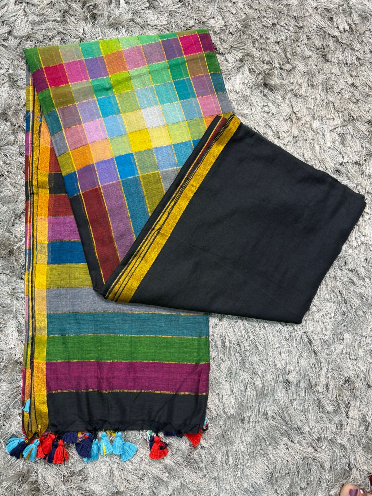 Checked Mul Cotton Saree — Multicolor Pallu