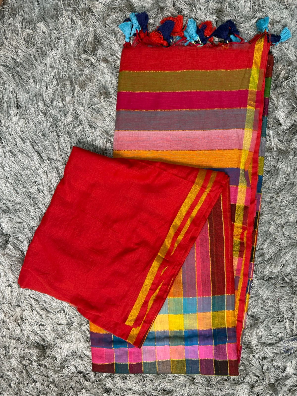 Checked Mul Cotton Saree — Multicolor Pallu