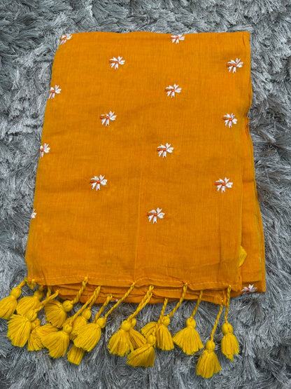 🌿 Parijat Embroidered Mul Cotton Saree