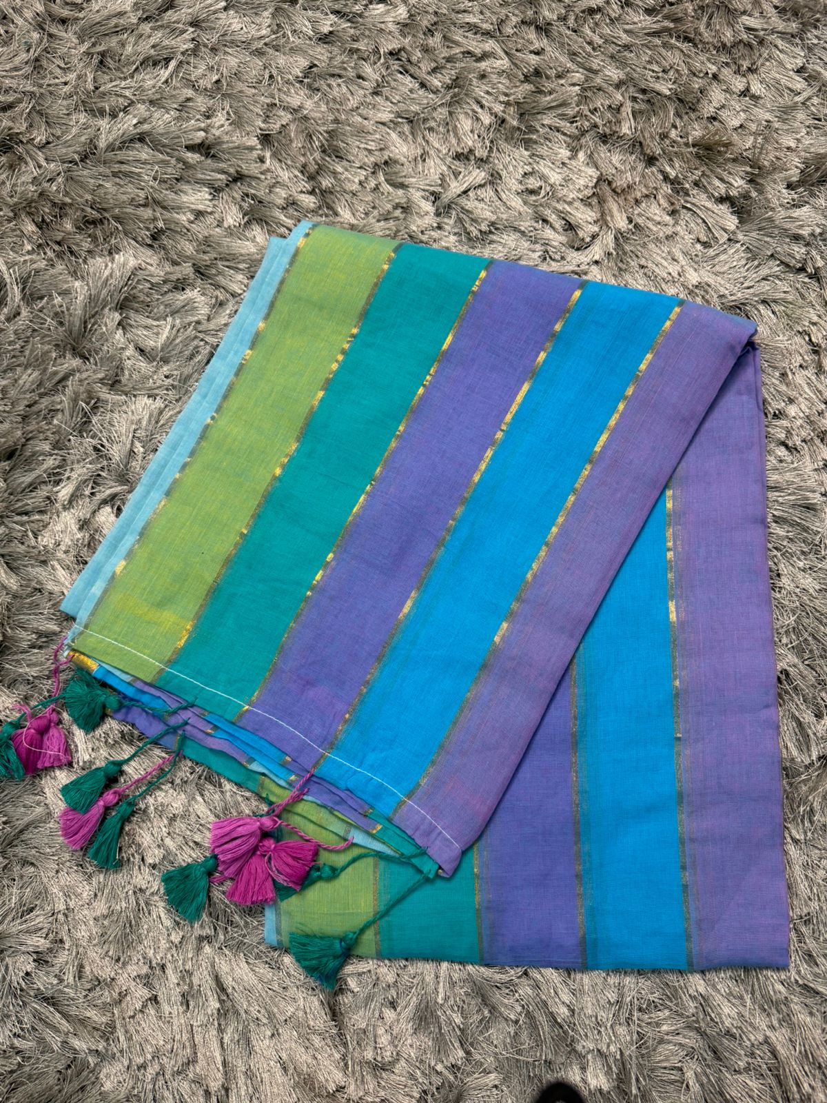 🌿 Multicolor Horizontal Patti Mul Cotton Saree — With Blouse & Tassels