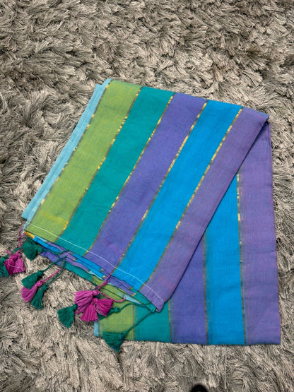 🌿 Multicolor Horizontal Patti Mul Cotton Saree — With Blouse & Tassels