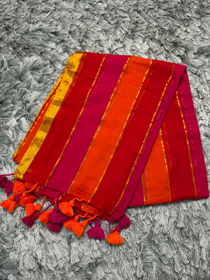 🌿 Multicolor Horizontal Patti Mul Cotton Saree — With Blouse & Tassels